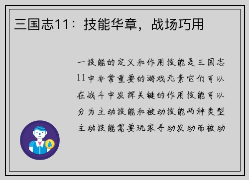 三国志11：技能华章，战场巧用