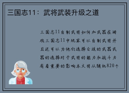 三国志11：武将武装升级之道