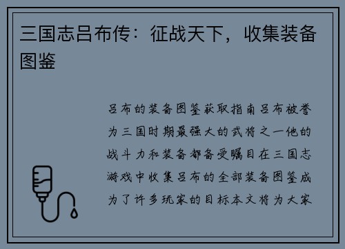 三国志吕布传：征战天下，收集装备图鉴