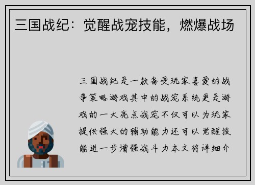 三国战纪：觉醒战宠技能，燃爆战场