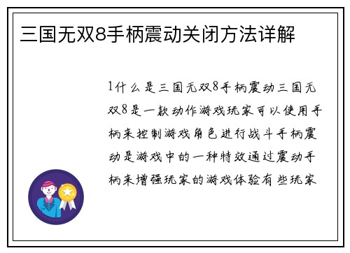 三国无双8手柄震动关闭方法详解
